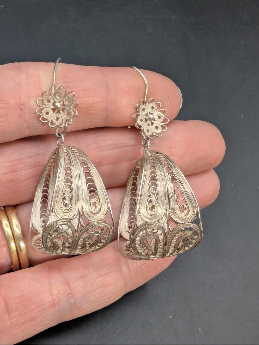 Vintage 925 Silver Large  Filigree Flower & Bell Drop Earrings 7.59 Grams
